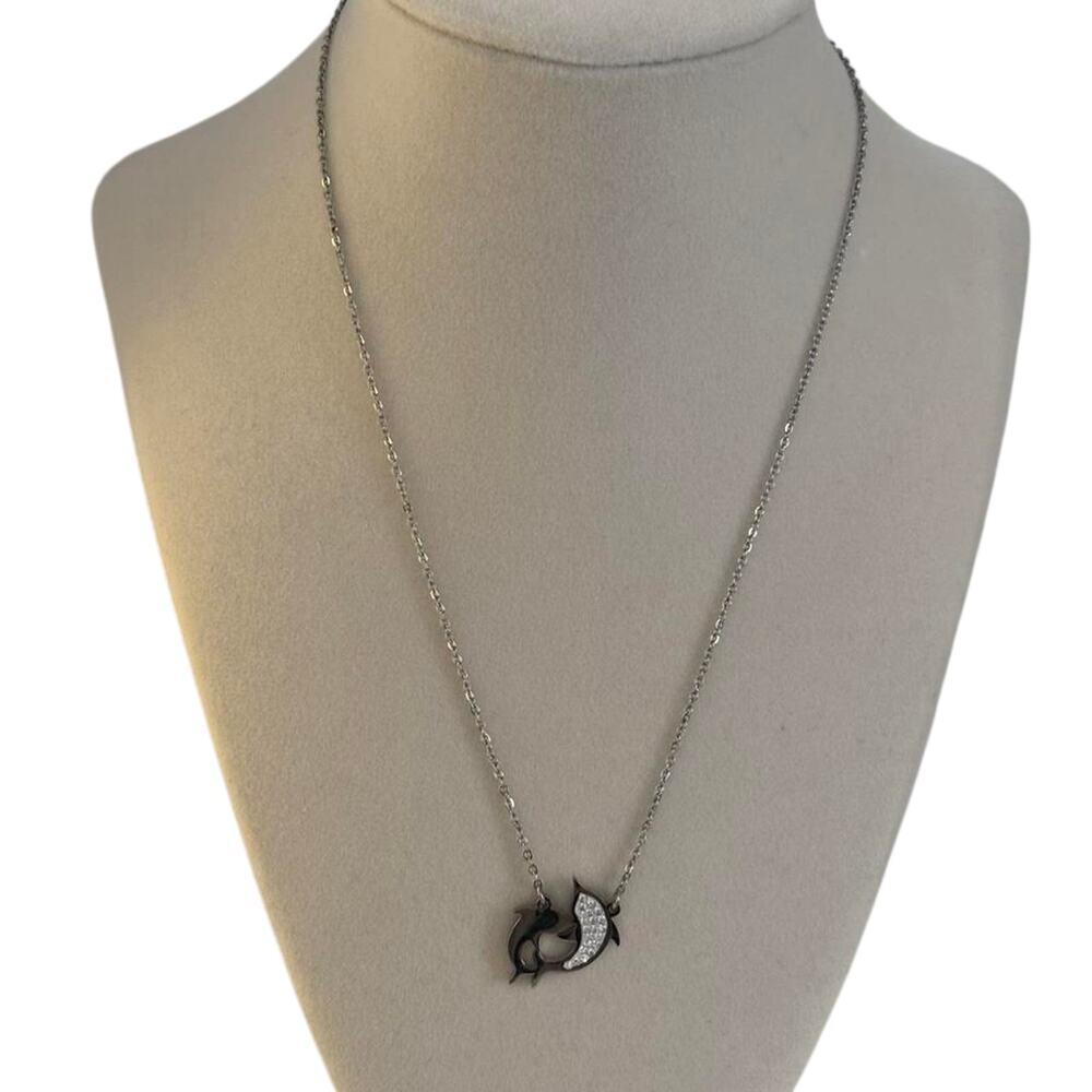 Silver Dolphin Pendant Necklace Women Crystal Minimalist Ocean Jewelry - Picture 3 of 6